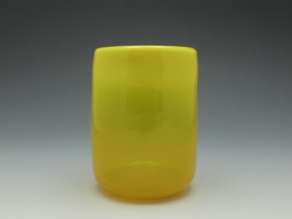 A PAIRPOINT OPALESCENT YELLOW HANDBLOWN TUMBLER: Saffron, polished pontil, measures 3.5 x 2.5 inches.
