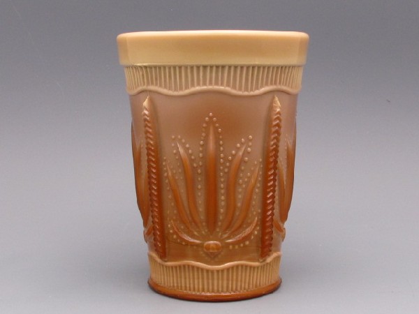 A GREENTOWN CHOCOLATE GLASS CACTUS TUMBLER: A Cactus pattern chocolate glass tumbler, 4 x 3 inches.