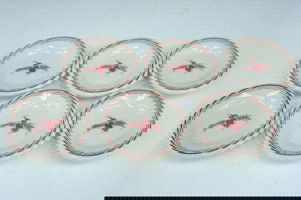 FIVE AT&SF RAILROAD MIMBRENO PATTERN BUTTER PATS: Six AT&SF Atchison, Topeka and Santa Fe butter pats, back stamped green 'Syracuse China' and four are partially back stamped 'Made expressly for Santa Fe Dining Car Service.' Measure 3.25 inches each.