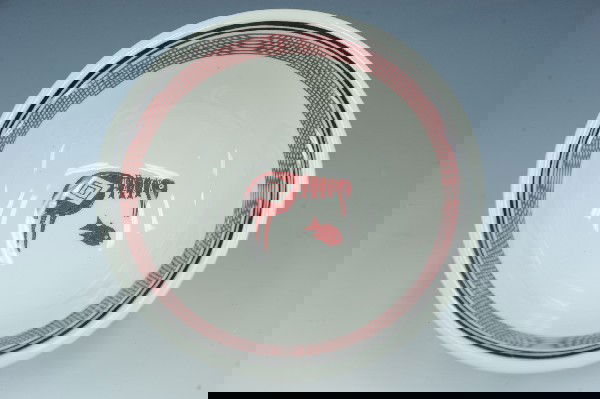 AN AT&SF RAILROAD MIMBRENO PATTERN CHINA SALAD BOWL: A Santa Fe Mimbreno footed bowl with green 'Syracuse China' back stamp, plus 'Ancient Mimbreno Indian Designs made expressly for Santa Fe Dining Car Service, Old Ivory, Syracuse.' 7 x 2.5 inches. No c