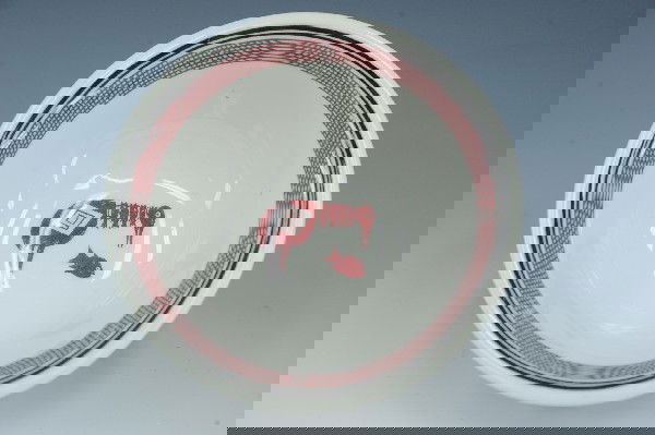 AN AT&SF RAILROAD MIMBRENO PATTERN CHINA SALAD BOWL: A Santa Fe Mimbreno footed bowl with green 'Syracuse China' back stamp, plus 'Ancient Mimbreno Indian Designs made expressly for Santa Fe Dining Car Service, Old Ivory, Syracuse.' 7 x 2.5 inches. No c