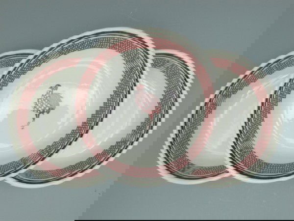 THREE AT&SF MIMBRENO PATTERN CHINA FRUIT OR SAUCE BOWLS: Green back stamped 'Syracuse China,' and partially over marked 'Made expressly for Santa Fe Dining Car Service.' Measure 5.5 inches each. Each shows some genuine service wear, but no chips, cracks or