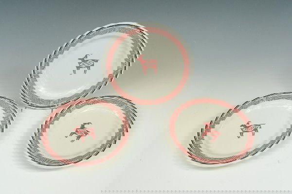 THREE AT&SF MIMBRENO PATTERN BREAD PLATES: Backstamped with green 'Syracuse China' back stamp, and black 'Ancient Mimbreno Indian Designs made expressly for Santa Fe Dining Car Service, Old Ivory, Syracuse' back stamp. Measures 7.25 inches. No