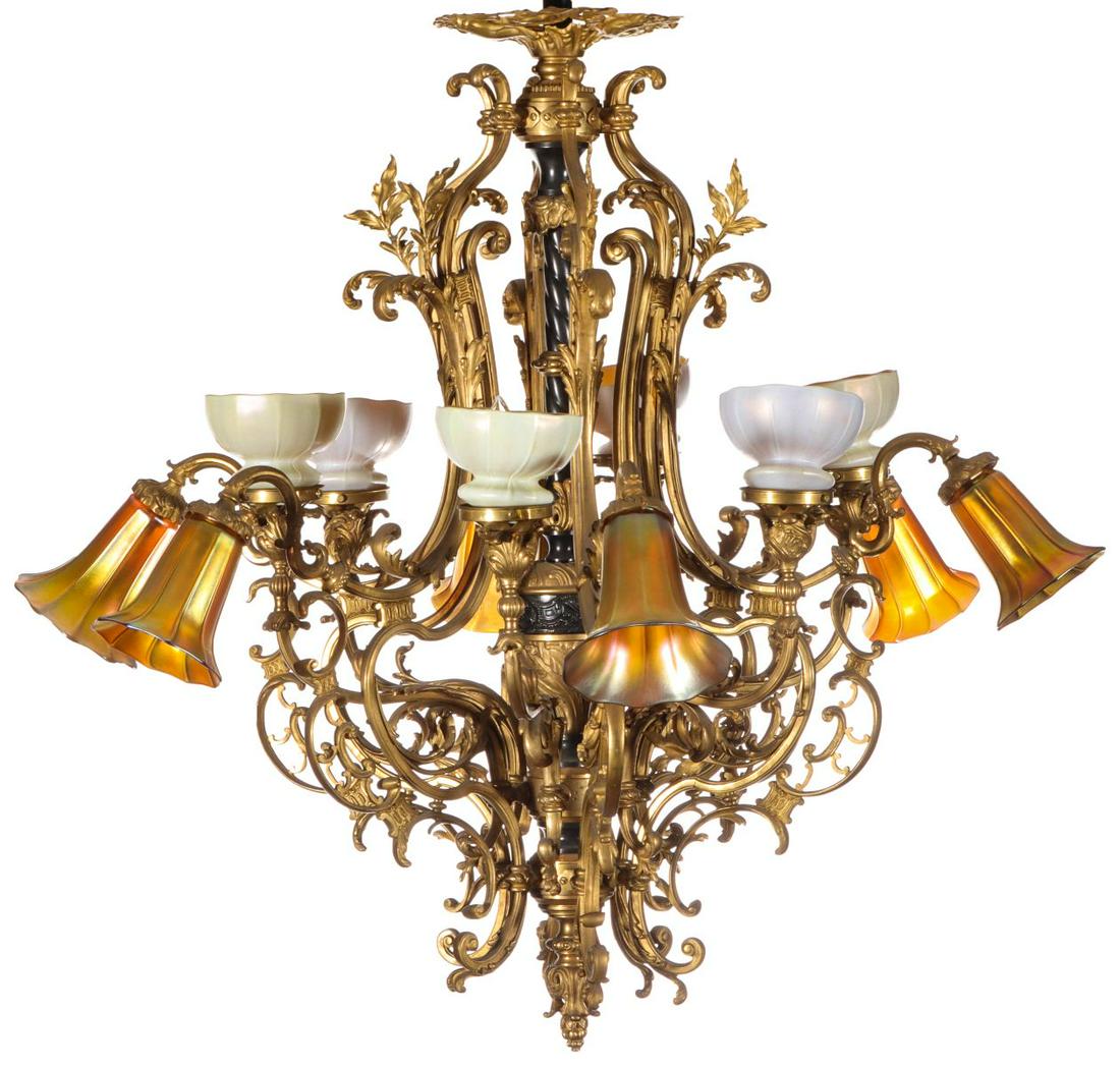BRONZE CHANDELIER WITH STEUBEN AND QUEZAL SHADES. (1 of 19)