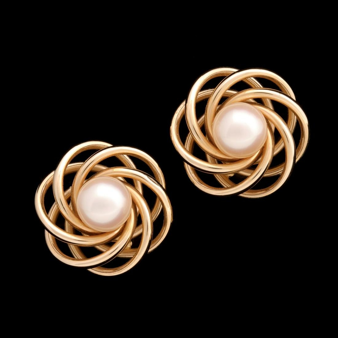 A PAIR 14K YELLOW GOLD LOVE KNOT PEARL EARRINGS (1 of 6)