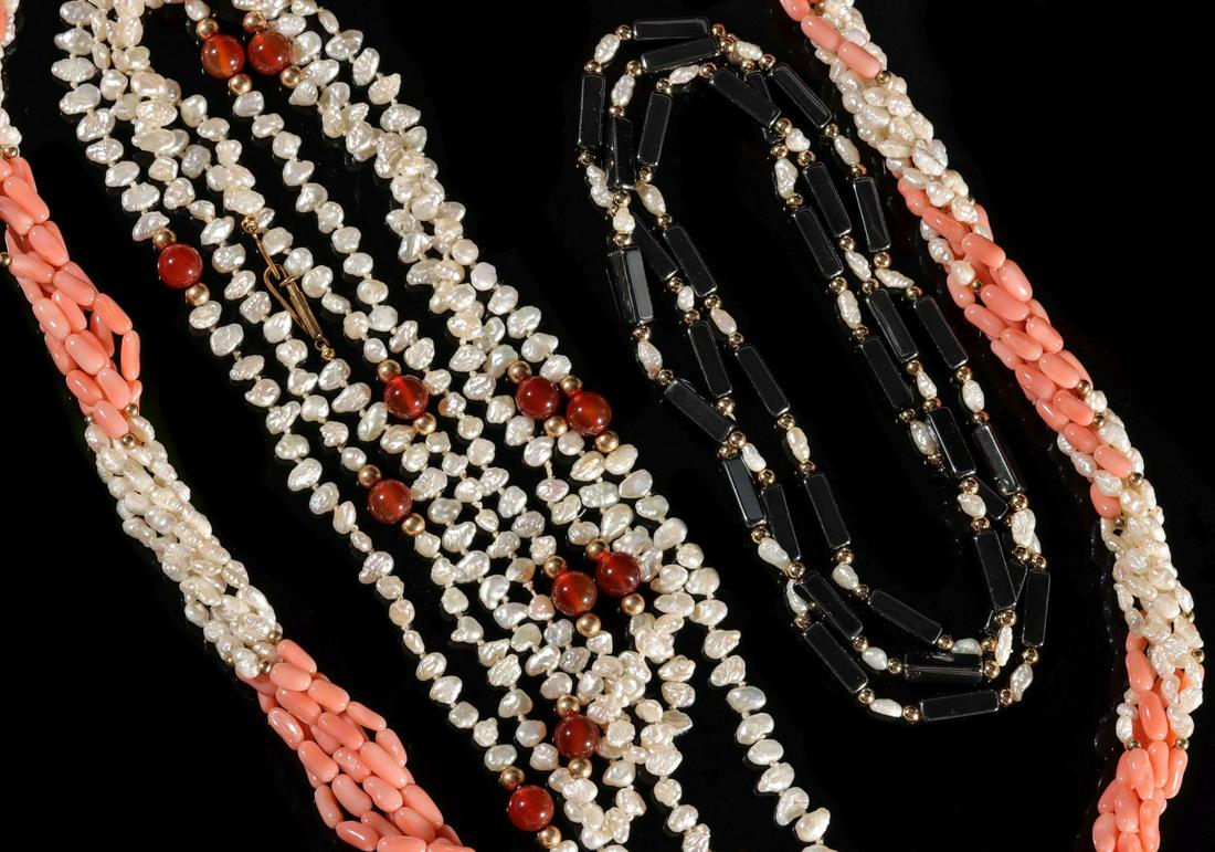 FRESHWATER PEARL NECKLACES WITH CORAL, HEMATITE, AGATE: Three individual strands:. 1. A 28-inch six strand torsade of freshwater pearls and tube angel skin coral. 2. A 32-inch strand of freshwater pearls and hematite. 3. A 64-inch rope of freshwater pearls