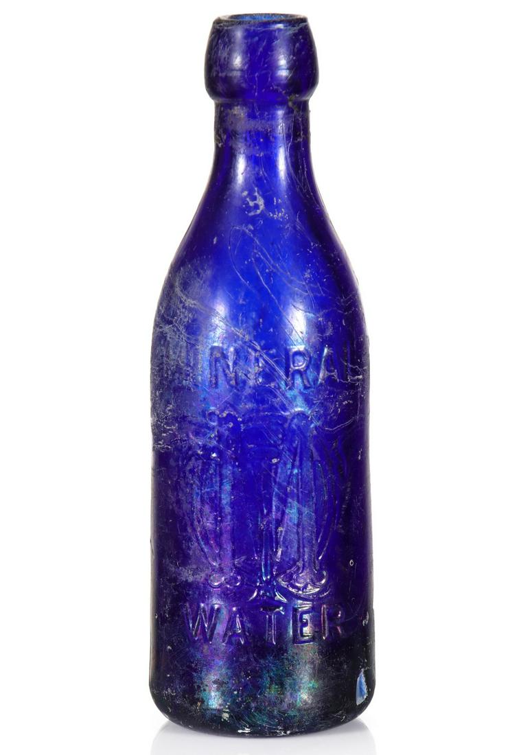 M.T. QUINAN SAVANNAH GA COBALT MINERAL WATER BOTTLE: The dug, heavily abraded blob top cobalt blue soda bottle with embossed lettering and monogram as shown. Measures 7.75 x 2.25 inches. We happily provide seamless in-house packing and shipping services