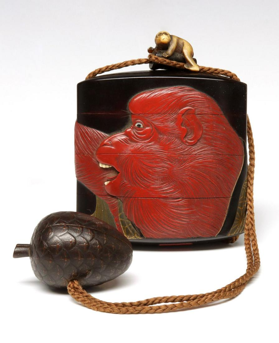 A JAPANESE INRO WITH NETSUKE AND OJIME CIRCA 1840 (1 of 14)