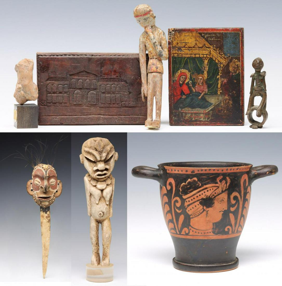 A PAPUA NEW GUINEA DAGGER, AFRICAN ASHANTI, ANTIQUITIES: A varied lot as shown to complete the sale of an estate collection:. 1. A cassowary bone dagger of bone, feathers, shells, paint, hair and clay. 2. An African carved bone Ashanti figure. 3. A 19th Cen