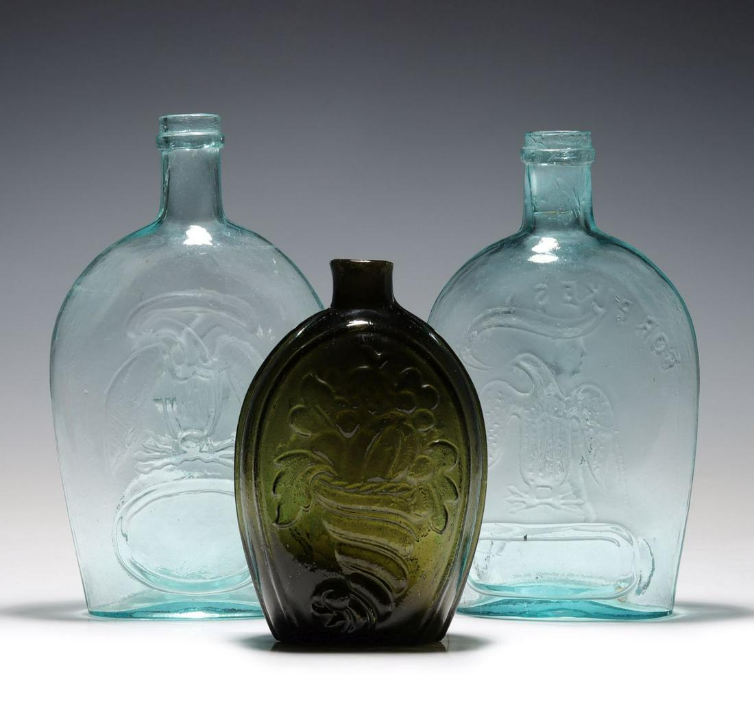 MID-19TH CENTURY AQUA AND OLIVE-GREEN WHISKEY FLASKS (1 of 19)