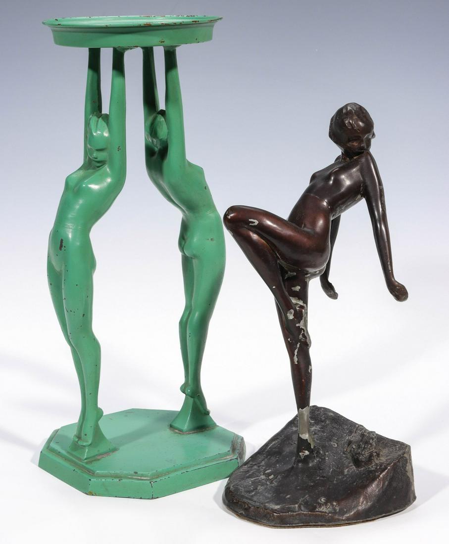 FIGURAL NUDE ACCESSORIES SIGNED FRANKART - AS FOUND: The stand supported by two tip-toe nudes in green enamel is signed FRANKART in embossed lettering. The single unsigned bookend attributed to Frankart and dated 1922 depicts a nude with frog in brown p