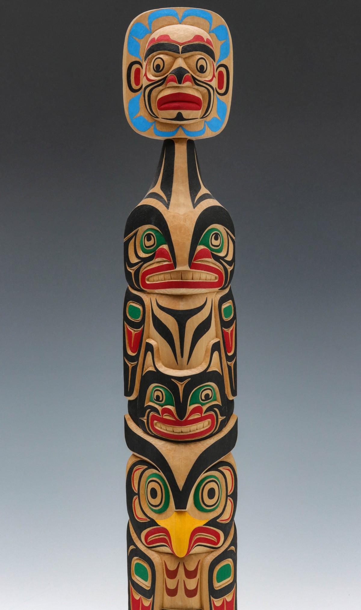 TONY HUNT JR (1961-2017) CARVED AND PAINTED TOTEM: Tony Hunt Jr. (1961-2017) Kwagiulth Moon Whale and Owl 2002 The exceptional carved and painted wood totem in traditional Kwakwaka'wakw motif is beautifully beveled with thousands of small whittle mark