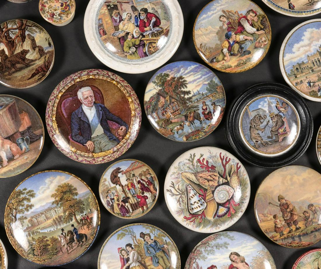 A LARGE COLLECTION OF 19TH C. PRATT AND OTHER POT LIDS (1 of 20)