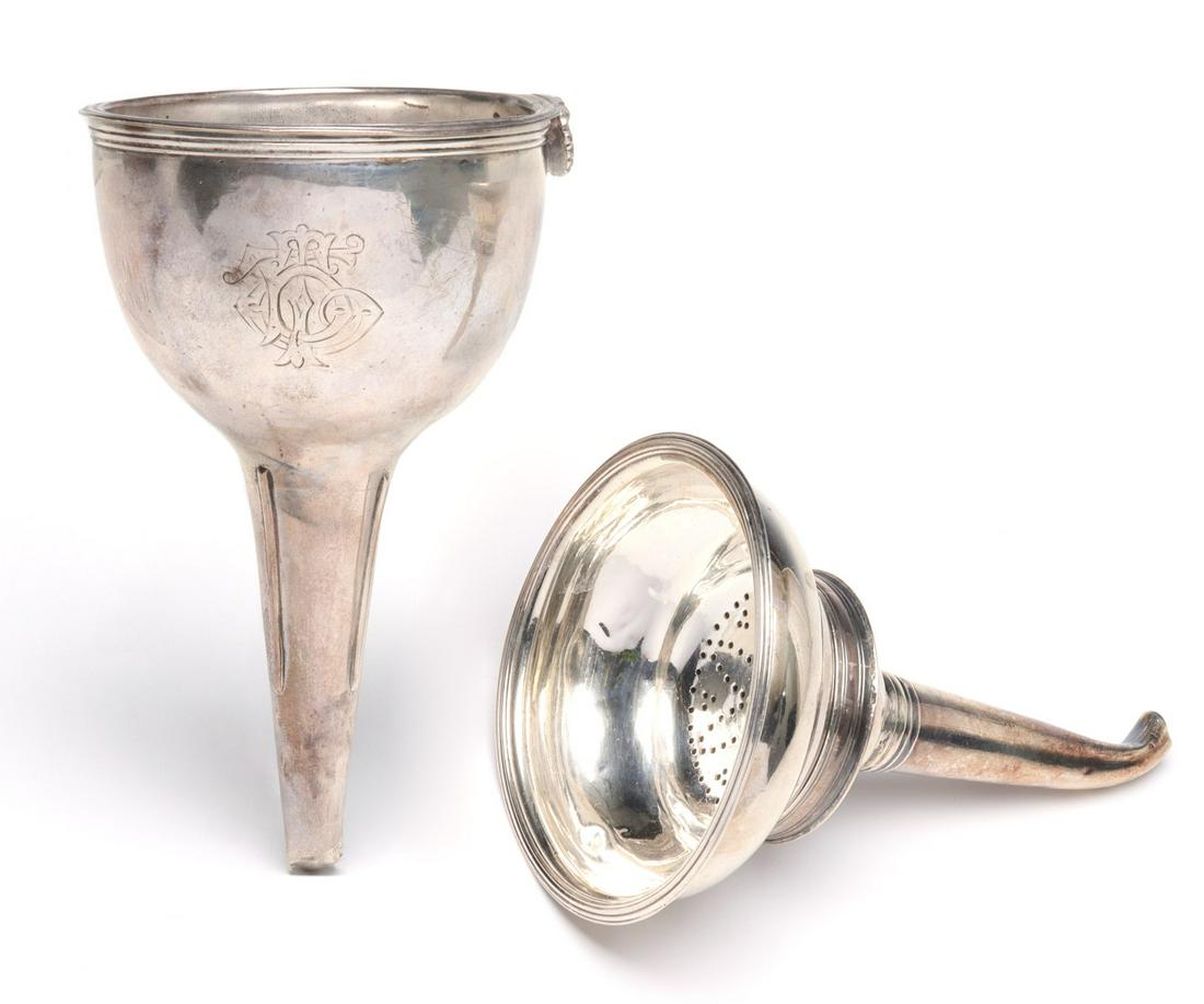 TWO GEORGIAN LONDON STERLING SILVER WINE FUNNELS: The two-piece funnel strainers bear London hallmarks, including one with date of 1796, the majority of the hallmarks are unclear. Measure 5 x 3 inches each, total weight 5.94 ozt. Provenance: The esta