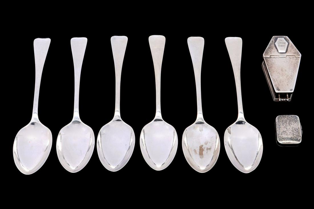 SHEFFIELD STERLING COFFIN FORM SNUFF, SPOONS ETC. (1 of 14)