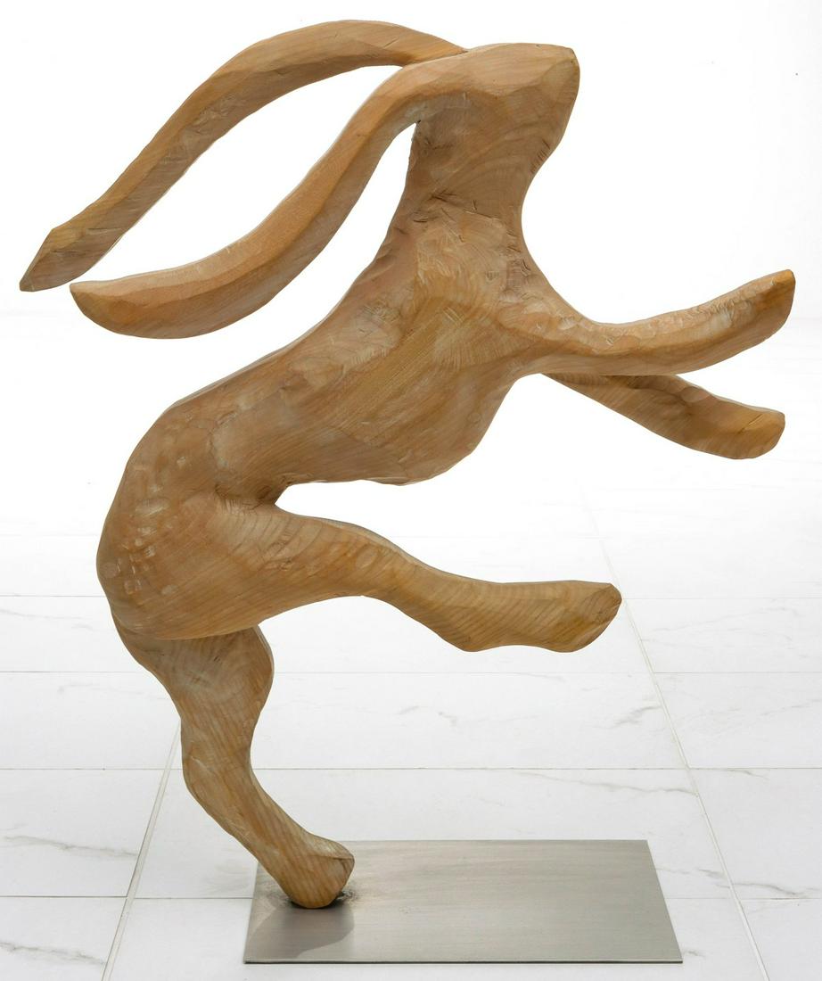 A LARGE LATE 20TH C. CARVED SCULPTURE OF STYLIZED HARE (1 of 14)