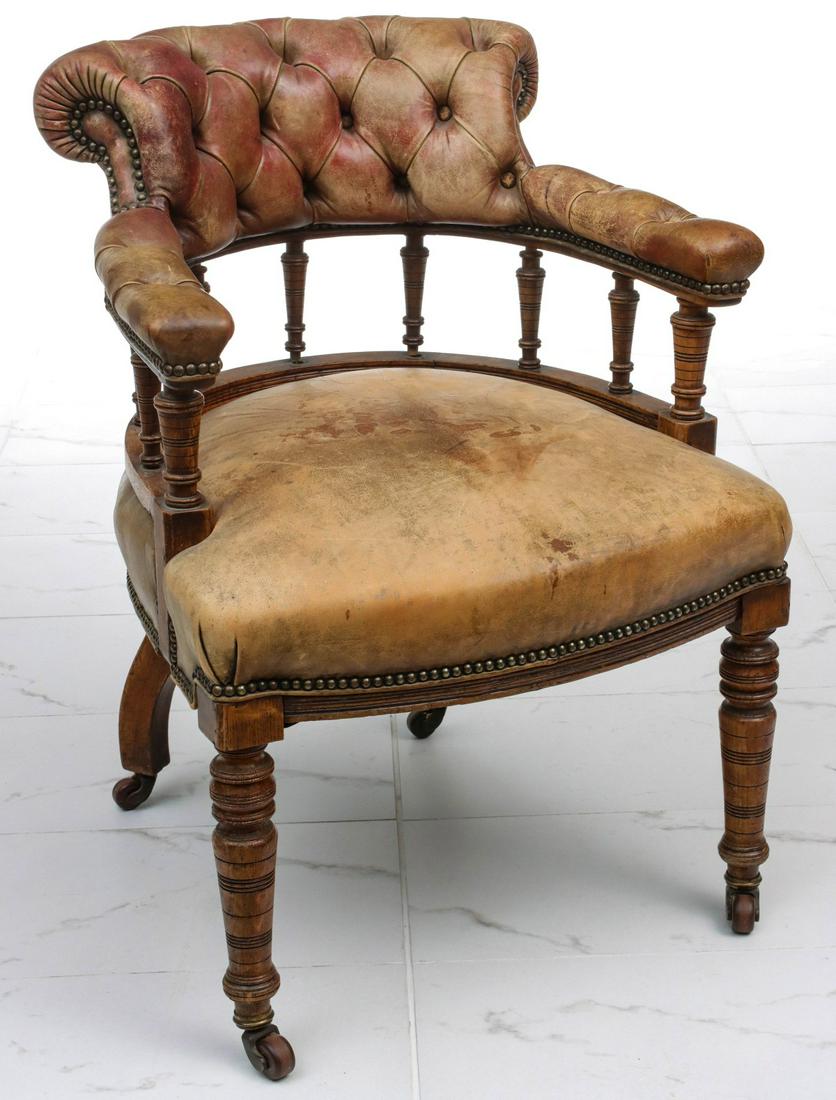 A 19C. ENGLISH BARREL BACK CHAIR IN ORIGINAL LEATHER (1 of 12)
