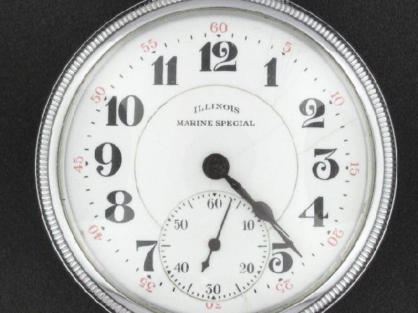 ILLINOIS WATCH CO MARINE SPECIAL 21J POCKET WATCH: Base metal open face case, size 16, 21J, #4504930, double roller, adjusted 3 positions, gold jewel settings and gilt screws, lever set, double-sunk Marine Special dial with several lines, winds and ru