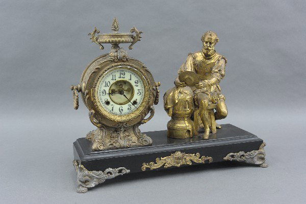A NEW HAVEN FIGURAL STATUE CLOCK: T/S, signed on the dial, nice old surface overall, measures 16 x 20 x 7 inches.