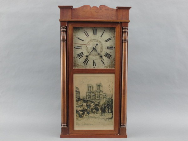 A SAMUEL TERRY WOOD WORKS SHELF CLOCK: Replaced tablet, pendulum, etc. 32.5 x 17 x 4.5 inches. No condition report is available, this clock is sold AS-IS
