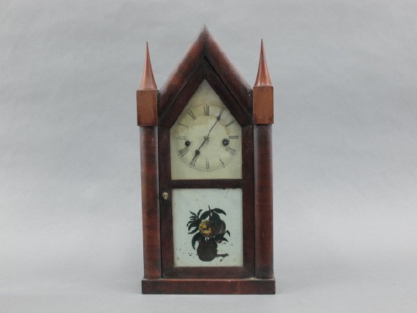 A CHAUNCEY JEROME ANTIQUE STEEPLE CLOCK: Measures 20 x 10 x 4 inches T/S. No condition report is available, this clock is sold AS-IS