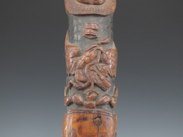 HEAVY OLD CARVED MEXICAN FOLK ART CANE: Heavy cane with figures in high relief, dark patina, measures 34.5 inches, good looking.