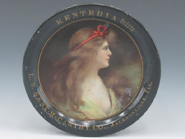 TIP TRAY KENTERIA HAVANA CIGARS, GIRL, ILLINOIS: Tip Tray4 1/4" diameter pretty girl, Kenteria Havana Cigars, L.S. Kent McCarthy Co., Jacksonville, Ill.