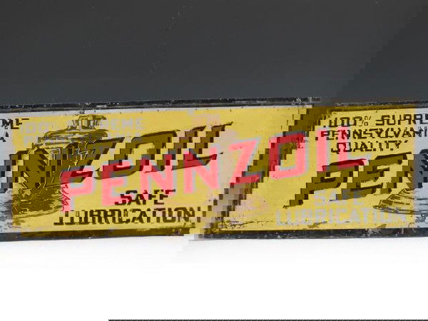 PENNZOIL MOTOR OIL TIN SIGN: 35 1/2" x 12". Tin sign reads 100% supreme Pennsylvania Quality, Pennzoil, Safe Lubrication.