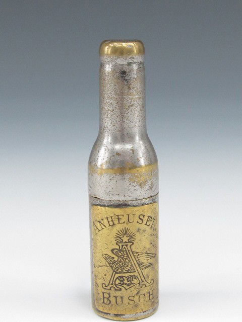 CORKSCREW BOTTLE, ANHEUSER BUSCH BEER: Measures 2 3/4", bottom reads Williamson Co. Newark N.J. Brass with nickel plating, bottle comes apart for corkscrew, early etched Anheuser Busch logo with Eagle and large A.