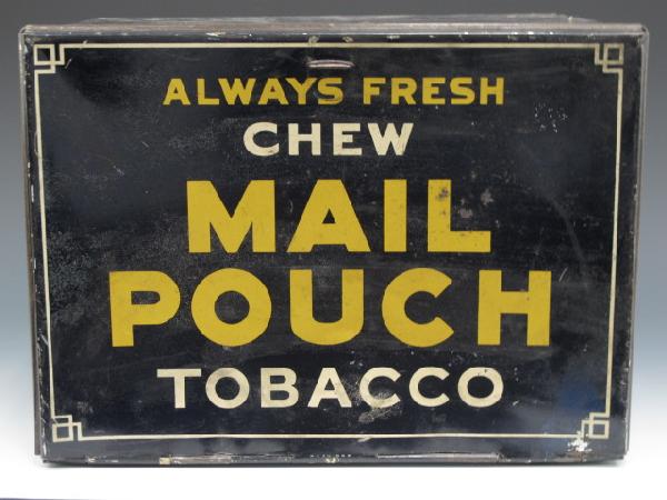 MAIL POUCH TOBACCO STORE DISPLAY COUNTER TIN: 10" tall 13 1/4" wide, 11 1/4" deep, blue background, front and back read, always fresh Chew Mail Pouch Tobacco.