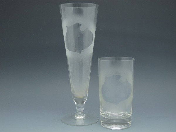 LOT OF 2 LEMP FALSTAFF DRINKING GLASSES: 8 1/2" tall 3" wide pilsner glass, 5" x 2 1/2" short glass, both have Lemp shield in reverse etched into glass.