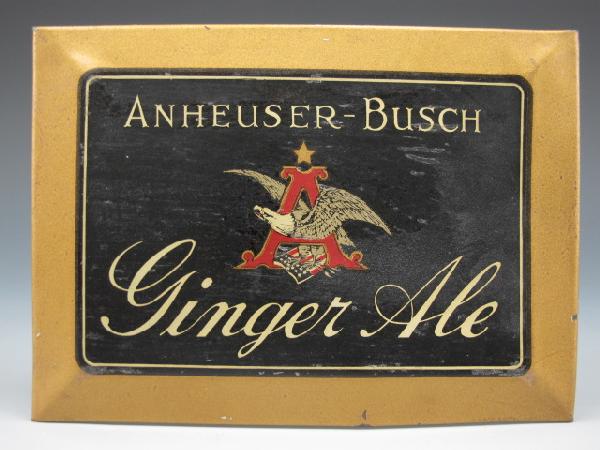 ANHEUSER-BUSCH GINGER ALE, TIN LITHO SIGN: 4 1/2" X 6 1/2"gold frame dark background gold lettering, tin litho with cardboard backing.