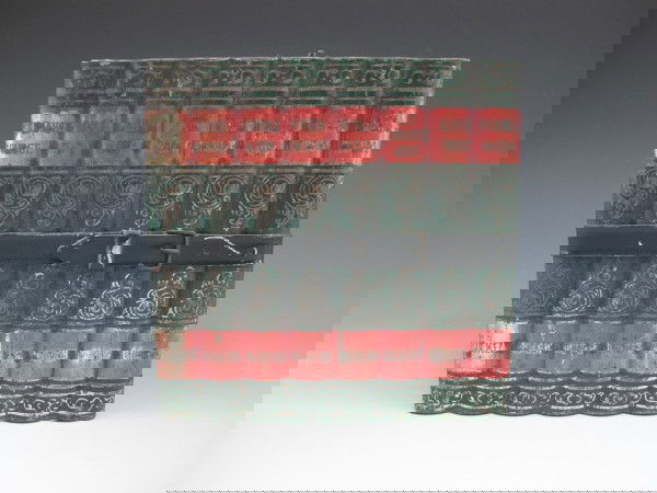 HUNTLEY & PALMERS BISCUIT TIN, DICKENS BOOKS: Huntley & Palmers Biscuit Manufactures Reading & London, 6 1/4 x 6 1/2 x 4 3/4" top opens belt around books. Called Dickens green books.