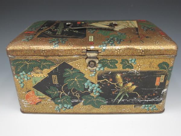 TIN STORE COUNTER TEA TIN: 12 1/2" X 8" X 6" hinged lid, latch in front, Chinese litho.