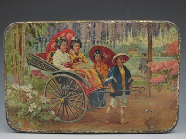 RUNG JAUN TEA TIN, GIRLS IN RICKSHAW: 8 1/2" x 5 1/2" x 2 1/2" hinged lid.
