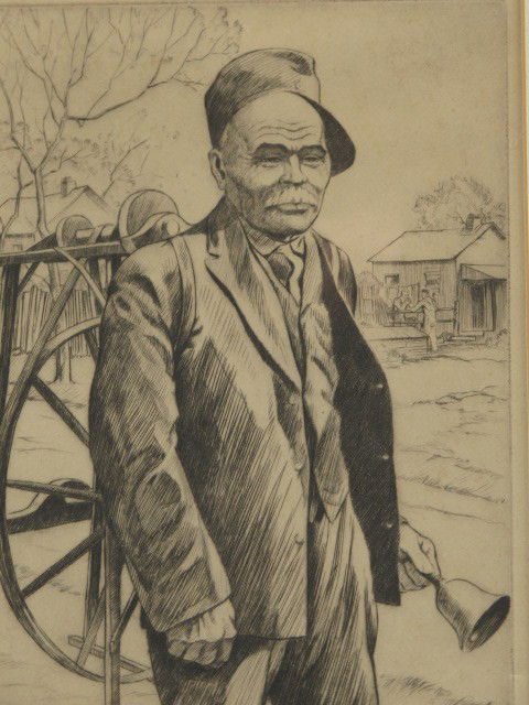 CHARLES M. CAPPS (1898-1981) PENCIL SIGNED ETCHING: Titled 'Scissors Grinder' lower left corner, pencil signed lower right, 9.25 x 7.5 inch sight size, 15 x 12.5 inch frame. Remnant newspaper article affixed to reverse with a photograph of the man, cap