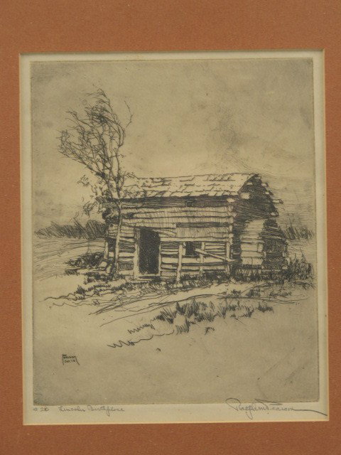 RALPH M. PEARSON (1883-1958) PENCIL SIGNED ETCHING: Titled 'Lincoln Birthplace' lower left corner, edition number 28, pencil signed lower right, 6.5 x 5.25 inch image field, 12.5 x 10.75 inches.