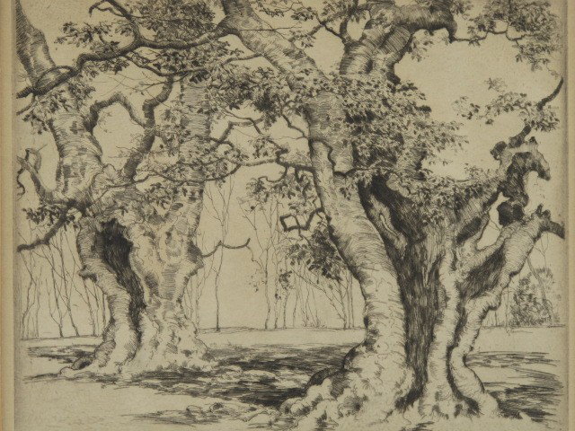 ALFRED HUTTY (1877-1954) PENCIL SIGNED ETCHING: Titled 'Trees.' Pencil signed lower right corner. 8.5 x 9.5 inch sight size, 15.75 x 14.5 inch frame.
