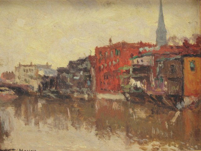 ERNEST FREDERICK MEYER (1863-1952) OIL ON ACADEMY BOARD: Attributed title tag affixed to reverse of academy board, 'Park River, Hartford, Conn.' Signed lower left corner. Board measures 8 x 5.75 inches, 10 x 8 inch frame.