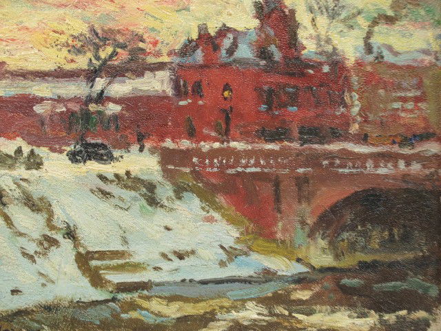 ERNEST FREDERICK MEYER (1863-1952) OIL ON ACADEMY BOARD: Attributed title tag affixed to reverse of academy board, 'Park River, Hartford.' Signed lower left corner 'E. Meyer.' Board measures 5.75 x 8 inches, 10 x 8.25 inch frame.