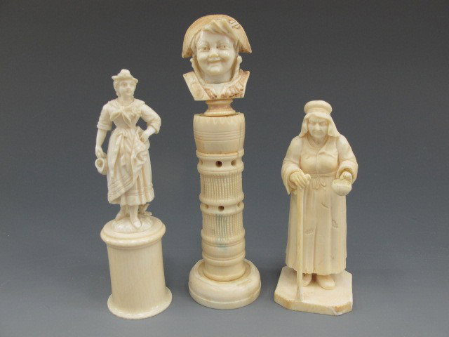 THREE CONTINENTAL CARVED IVORY FIGURES: Figures of a baby Napoleon on column, 6 inches high; an old beggar woman with cane and cup, 4-1/4 inches high; and a female figure on a plinth, 4.75 inches. No international shipping.