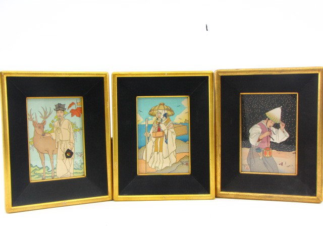 THREE PRINTS BY PAUL JACOULET (1902-1960): First titled, 'Nuit de Neige,' 5-3/4 x 3-5/8, signed in plate. Miles cat. no. 4A. Surimono. Second titled 'Longévité, Coree-Moppo,' 1948, 5-3/4 x 3-5/8, signed in plate. Longevity, Moppo, Koree. Car