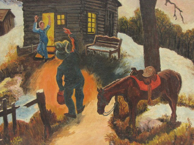 AFTER THOMAS HART BENTON (COPY): A circa 1940's copy of Thomas Hart Benton's highest selling work at auction titled 'Little Brown Jug', oil on artist's board, measures 20 x 16 inches, unframed.
