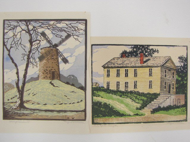TWO MARGARET WHITTEMORE (1897-1983) PENCIL SIGNED : Two colored woodblock prints, each pencil signed 'Margaret Whittemore' in the lower right. One is titled 'Cowboy Statue, Dodge City' in pencil in the lower left and has a 10 x 6.325 inch image field o