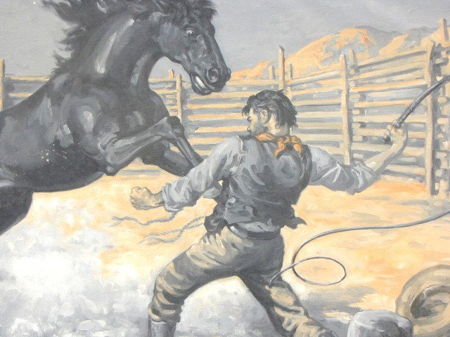 MONTE CREWS (1888-1946) ILLUSTRATION OIL ON CANVAS: Titled in pencil on the back 'Black Kettle' depicting a cowboy with a bullwhip and a stallion duking it out in a corral. Signed in the lower right 'Monte Crews'. Measures 19 x 32 inches.
