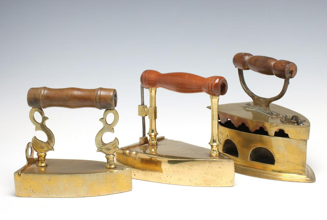 THREE 19TH CENTURY BRASS CHARCOAL AND BOX IRONS (1 of 12)