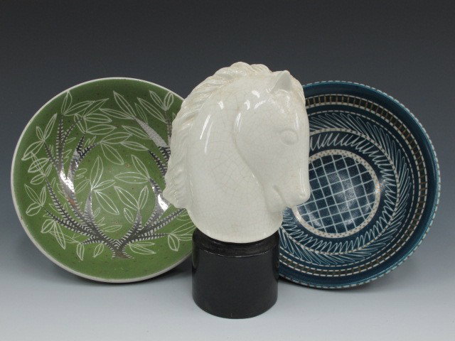 THREE PIECES OF WAYLANDE GREGORY POTTERY: White porcelain horse bust on black painted pedestal. Incised 'WG' and name Wayland Gregory to bottom. Stands 6.75 inches. Lot also includes a Waylande Gregory signed bowl in dark aqua with white conc