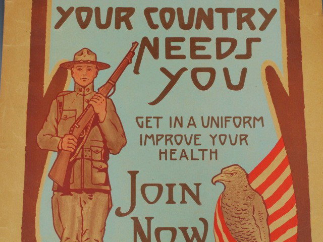 WWI KANSAS NAT'L GUARD RECRUITING POSTER: Kansas National Guard recruiting poster from WWI, 'Your Country needs You, get in a uniform, improve your health, JOIN NOW, HQ Battery, 60th Field Artillery Brigade…' Printed by W.R. Smith, State Pr