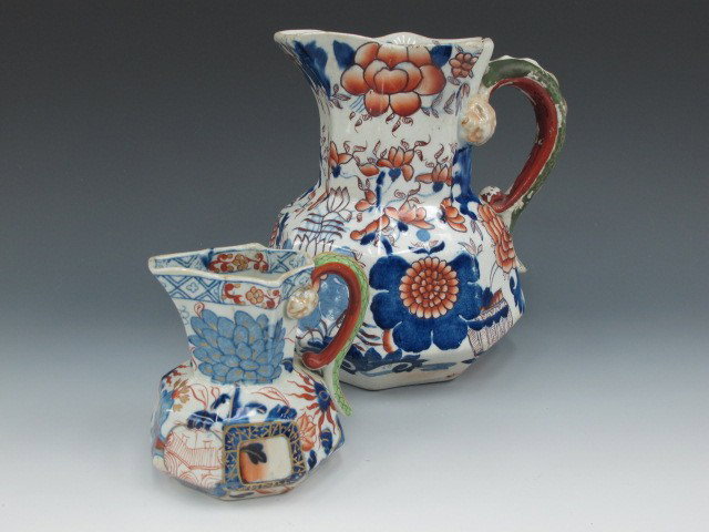 TWO MASON'S IRONSTONE PITCHERS: Imari influenced pieces of Mason's Patent Ironstone includes a pitcher, 7.5 x 7 inches. Davenport Stone China mark on 4.25 x 4 inch piece