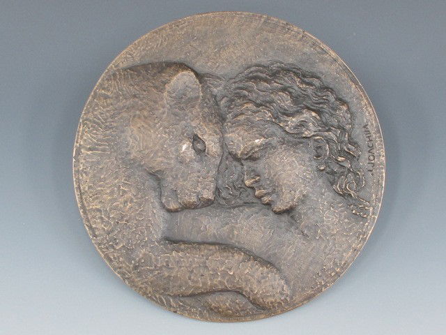 JEAN JOACHIM (1905-1990) KIPLING BRONZE MEDALLION: Titled 'Hommage a Kipling,' subtext 'Bagheera Mowgli et les loups' (Bagheera, Mowgli and the wolves), and signed 'J. Joachim' at rim. Reverse shows Mowgli and Bagheera, also signed 'J. Joachim' at rim